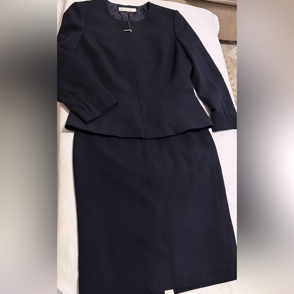 Tahari Navy Peplum Jacket and Pencil Skirt Two-Piece Set